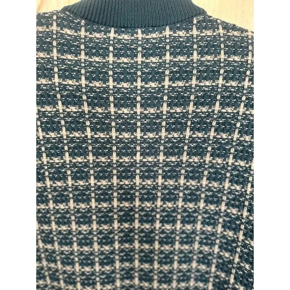 Talbots 100% Merino Wool Long Cardigan Blue Plaid Size M Gold Button Pockets